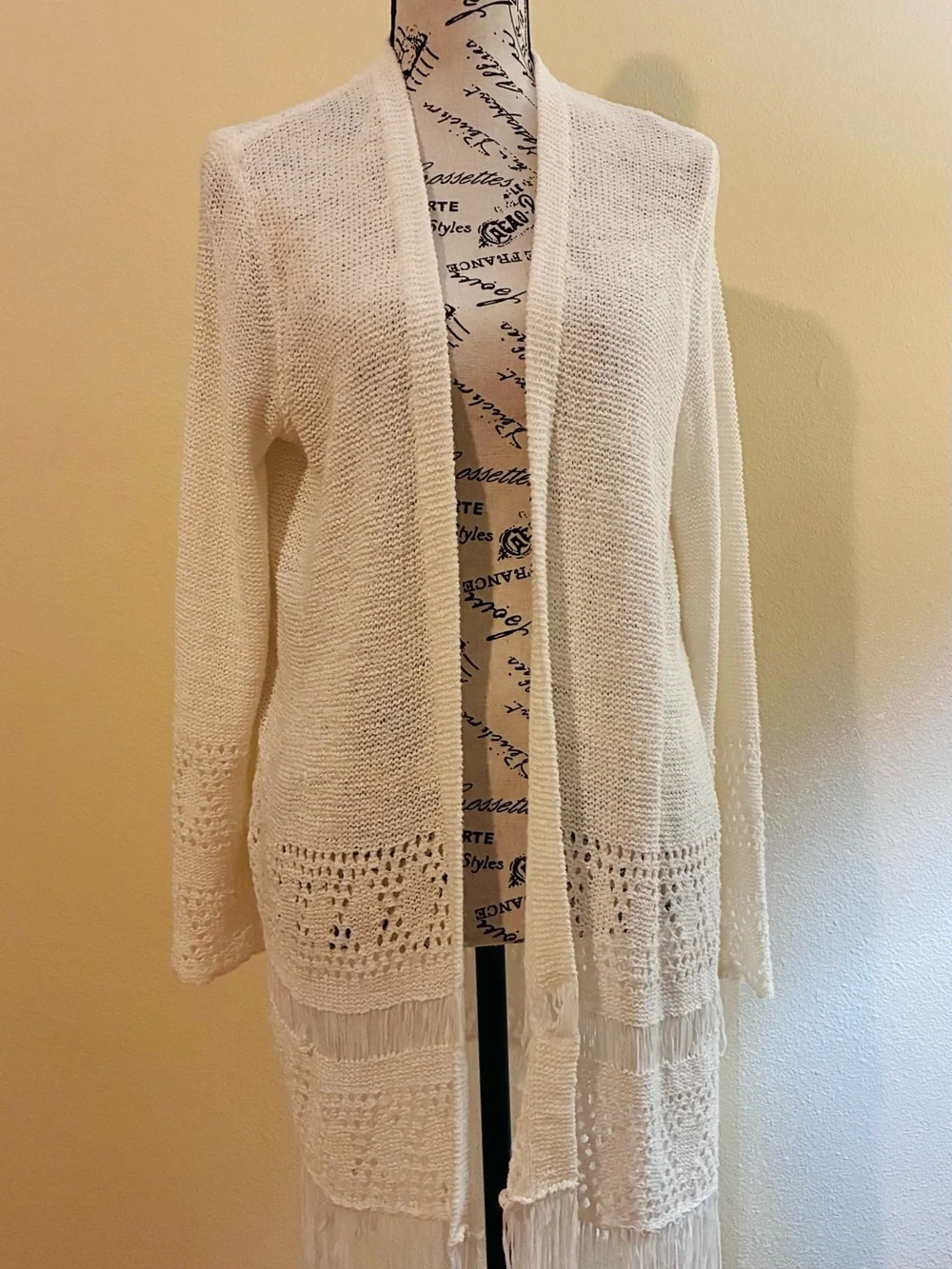 Michael Kors White Open-Front Crochet Fringe Cardigan